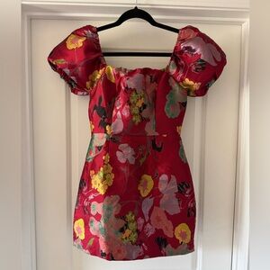 Lulus Red Multi Floral Jacquard Puff Sleeve Dress - Perfect for Spring!
